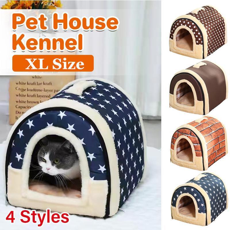 XL Size Pet House Kennel Soft Igloo Beds Cave Cat Puppy Bed Warm Cushion Fold - Brown Dots