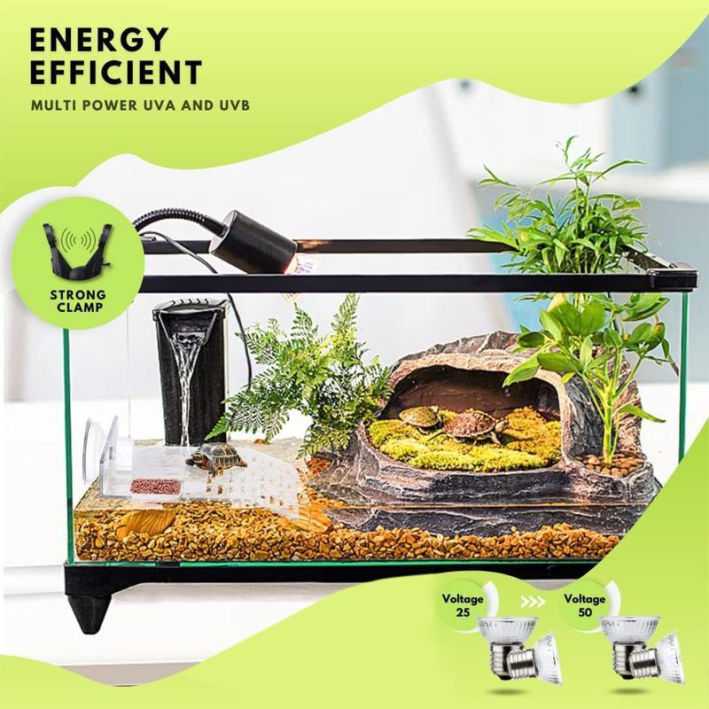 E27 Reptile Heat Lamp UVA UVB Turtle Lizard Heating Light with Clip - 25W Bulb + Black Holder