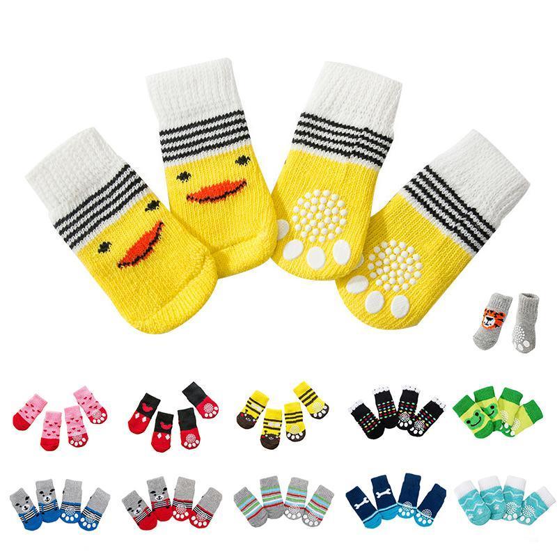 Non Slip Pet Socks for Dogs and Cats Knitted Paw Protector with Grips L Size - Blue bones