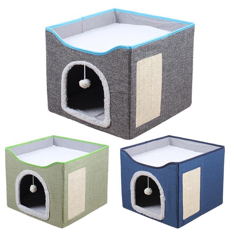 Foldable Pet Cat Calming Bed Hideaway Interactive House Nest Scratching Board - Dark Grey