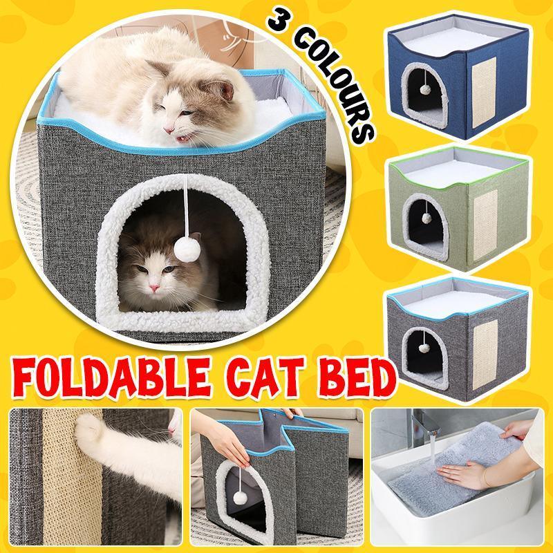 Foldable Pet Cat Calming Bed Hideaway Interactive House Nest Scratching Board - Navy