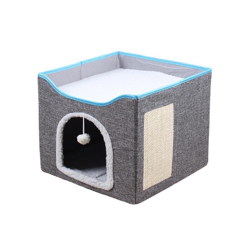 Foldable Pet Cat Calming Bed Hideaway Interactive House Nest Scratching Board - Navy