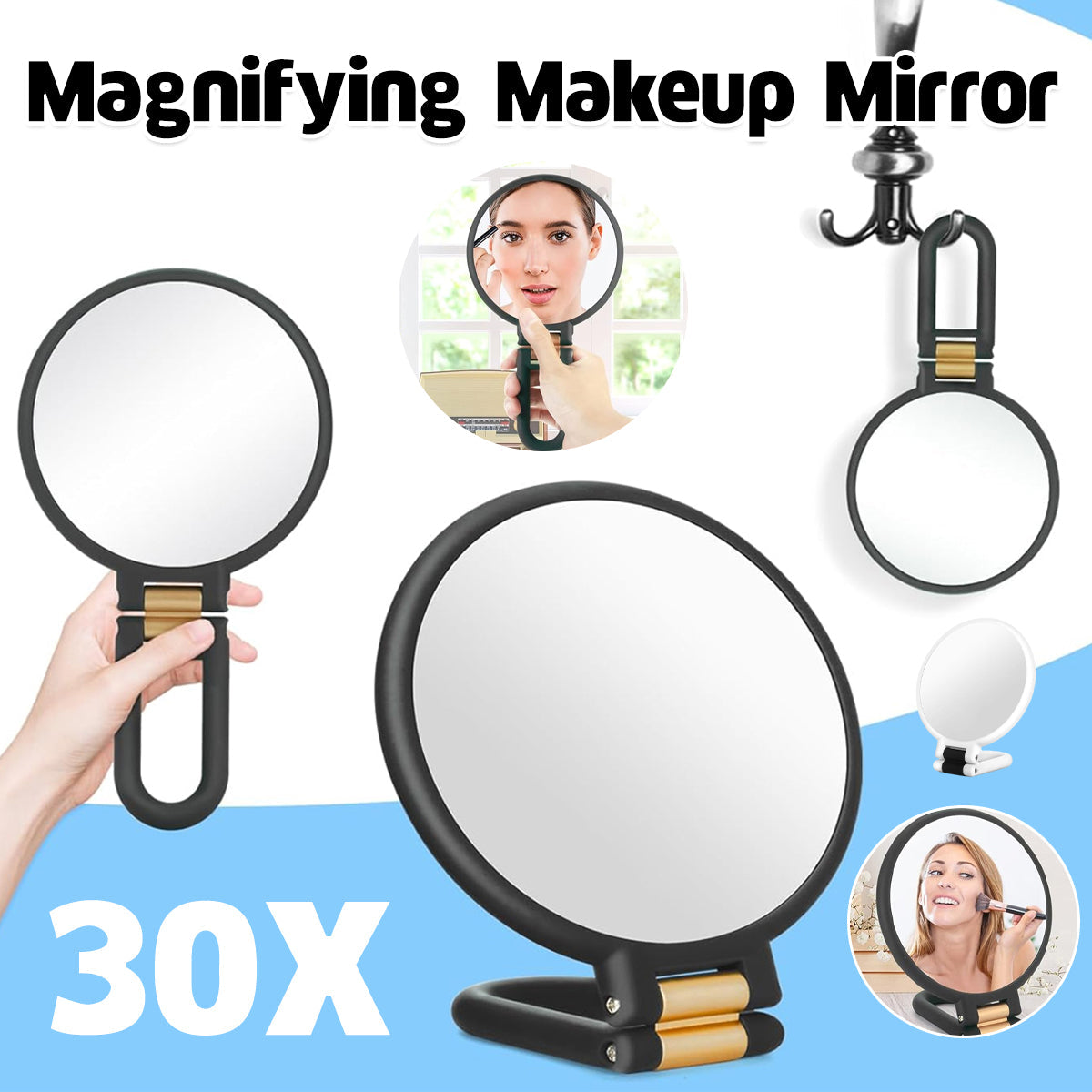 Makeup Mirror Handheld Magnifying Mirror 30X Portable Mirror Compact Travel Tool - Black