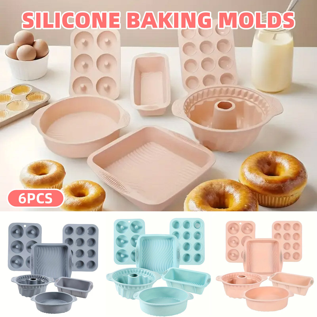 6PCS Silicone Cake Mould Set Baking Pans Nonstick Cupcake Cookie Tools Reusable - Pink