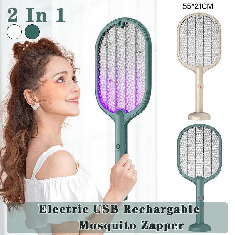 2 In 1 Electric USB Rechargable Racket Fly Swatter Mosquito Insect Killer Zapper - White