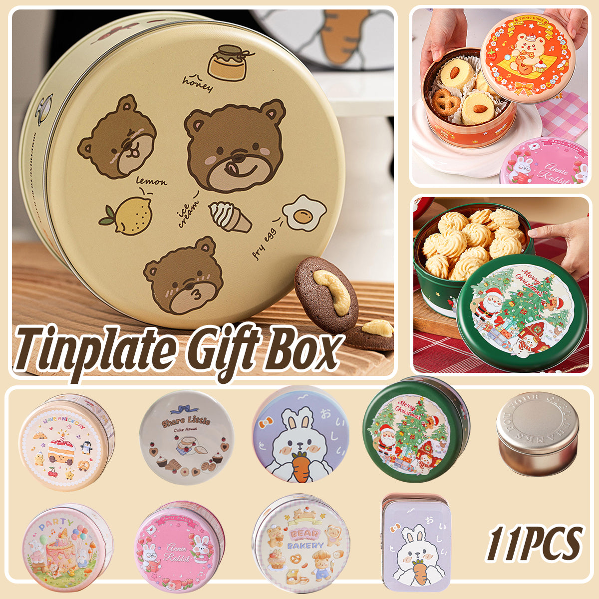 10PCS Cookie Tin Box Metal Biscuit Gift Box Candy Packaging Dragon Year Baking - Bread Bear (bump)
