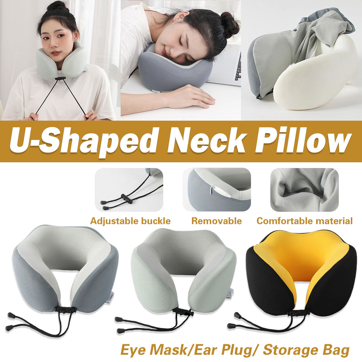 Memory Foam U Shaped Neck Pillow Travel Portable Office Nap Support Pillow - Green