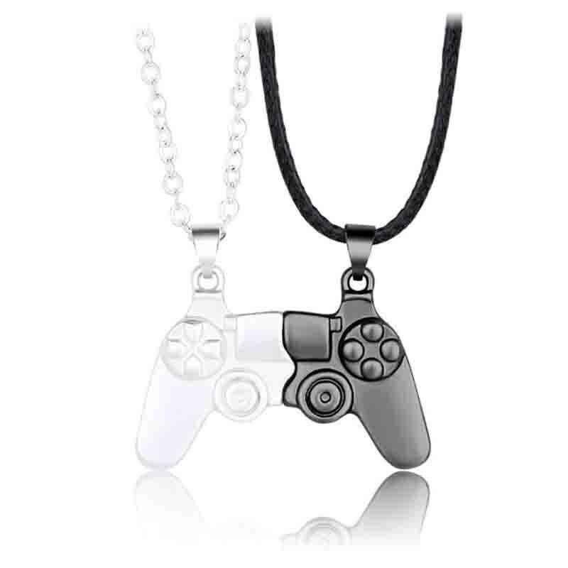 Matching Gamer Controller Necklace for Couples or Friends Pendant Gift Set - Silver and Silver