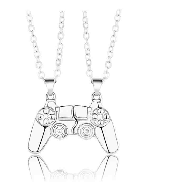 Matching Gamer Controller Necklace for Couples or Friends Pendant Gift Set - Silver and Black