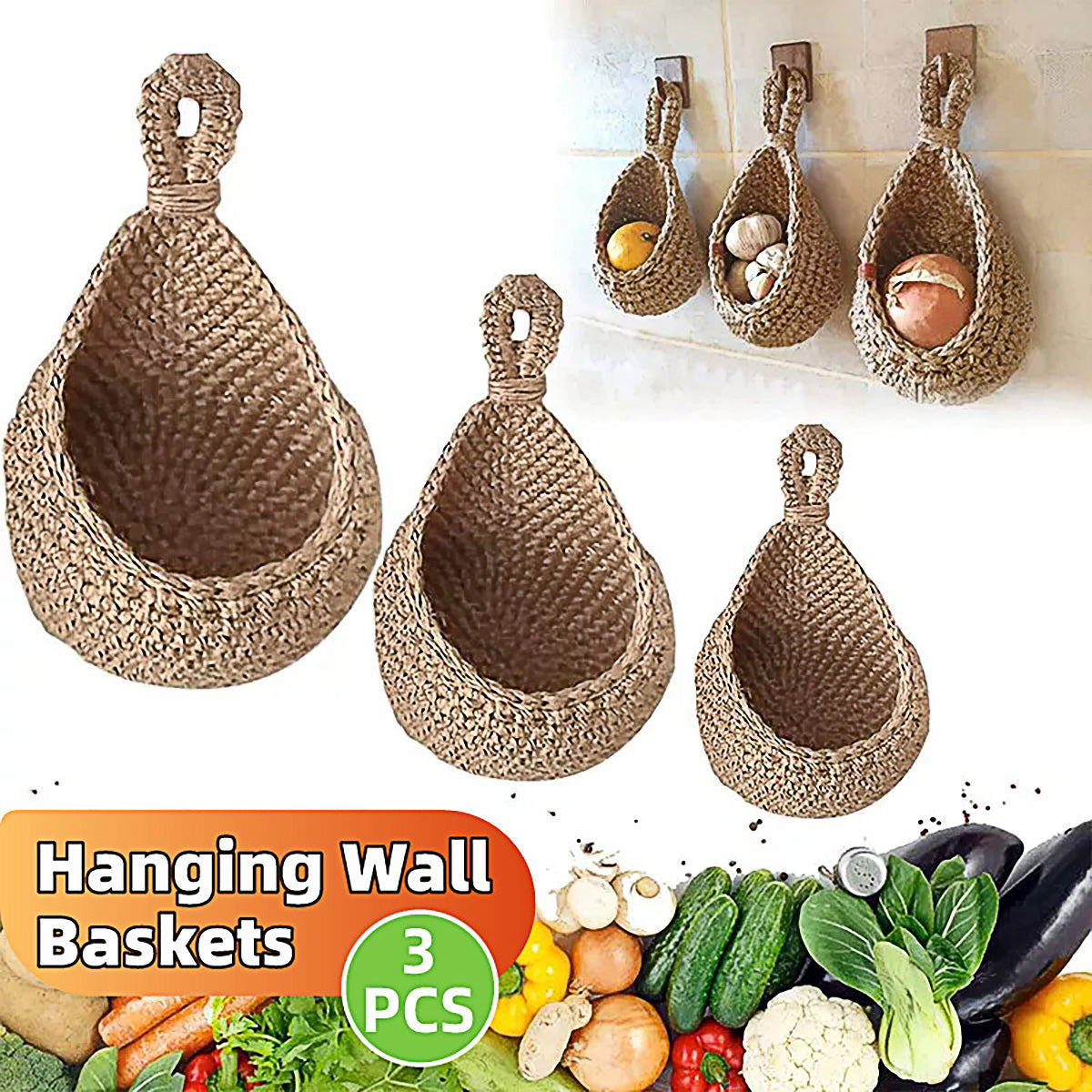 3pcs Boho Hanging Wall Baskets Woven Vegetable Fruit Storage Pouch Kitchen Decor