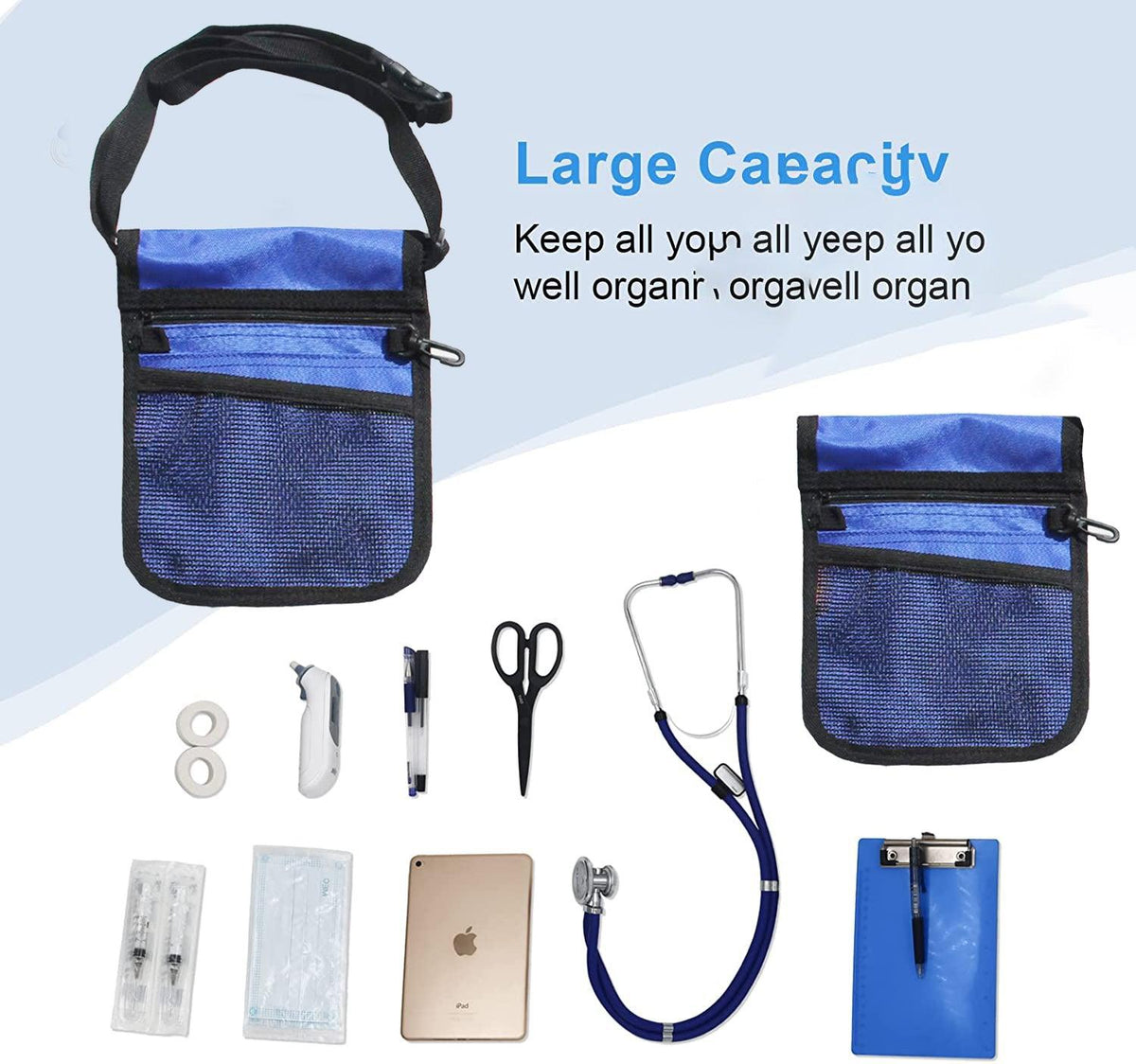 Nurse Pouch Waist Bag Medical Tool Organizer Pocket Belt with Keyring - Navy Blue