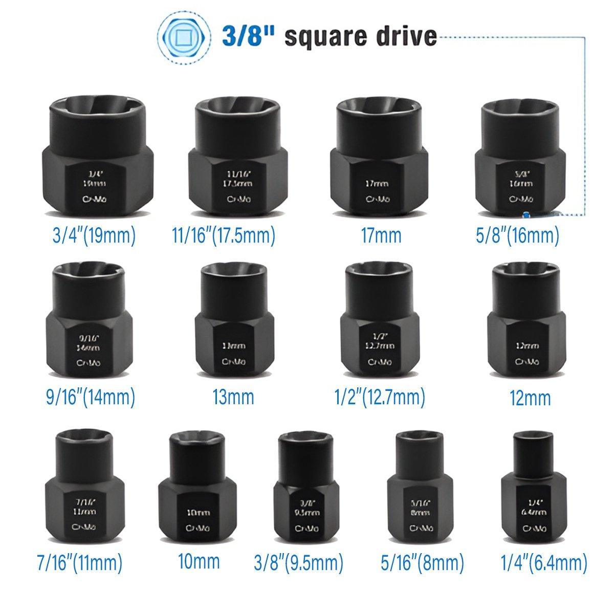 13 Piece Impact Bolt Nut Remover Set Extractor Socket Tool for Stripped Nuts Bolt