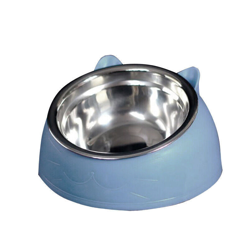 Pet Dog Cat Food Bowl Raised No Slip Stainless Steel Tilted Water Food Feeder - Blue