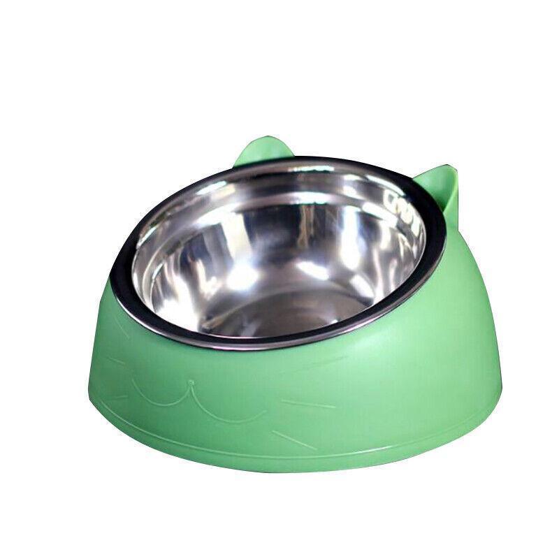 Pet Dog Cat Food Bowl Raised No Slip Stainless Steel Tilted Water Food Feeder - Blue