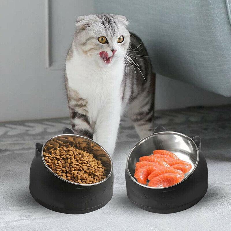 Pet Dog Cat Food Bowl Raised No Slip Stainless Steel Tilted Water Food Feeder - White