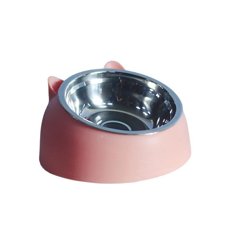 Pet Dog Cat Food Bowl Raised No Slip Stainless Steel Tilted Water Food Feeder - White