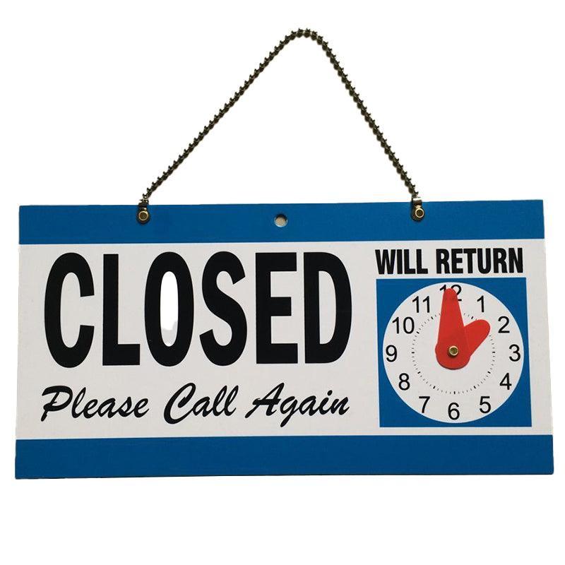 Open Closed Sign with Will Return Clock for Business Shops and Home Use 29x15cm