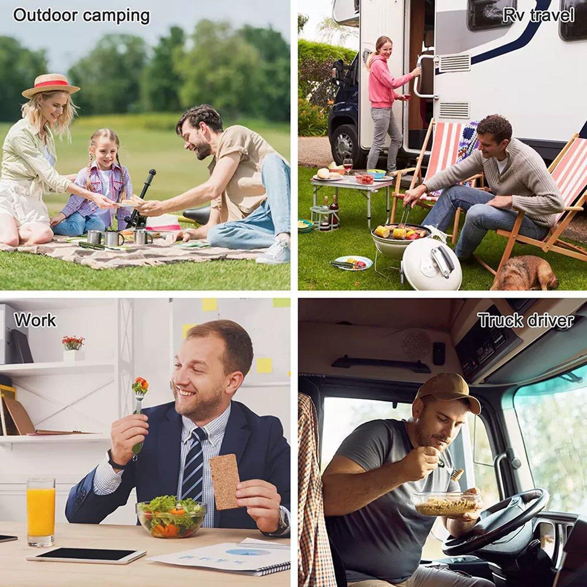 6in1 Portable Folding Knife Fork Spoon Set Outdoor Multi Functional Tableware - Black