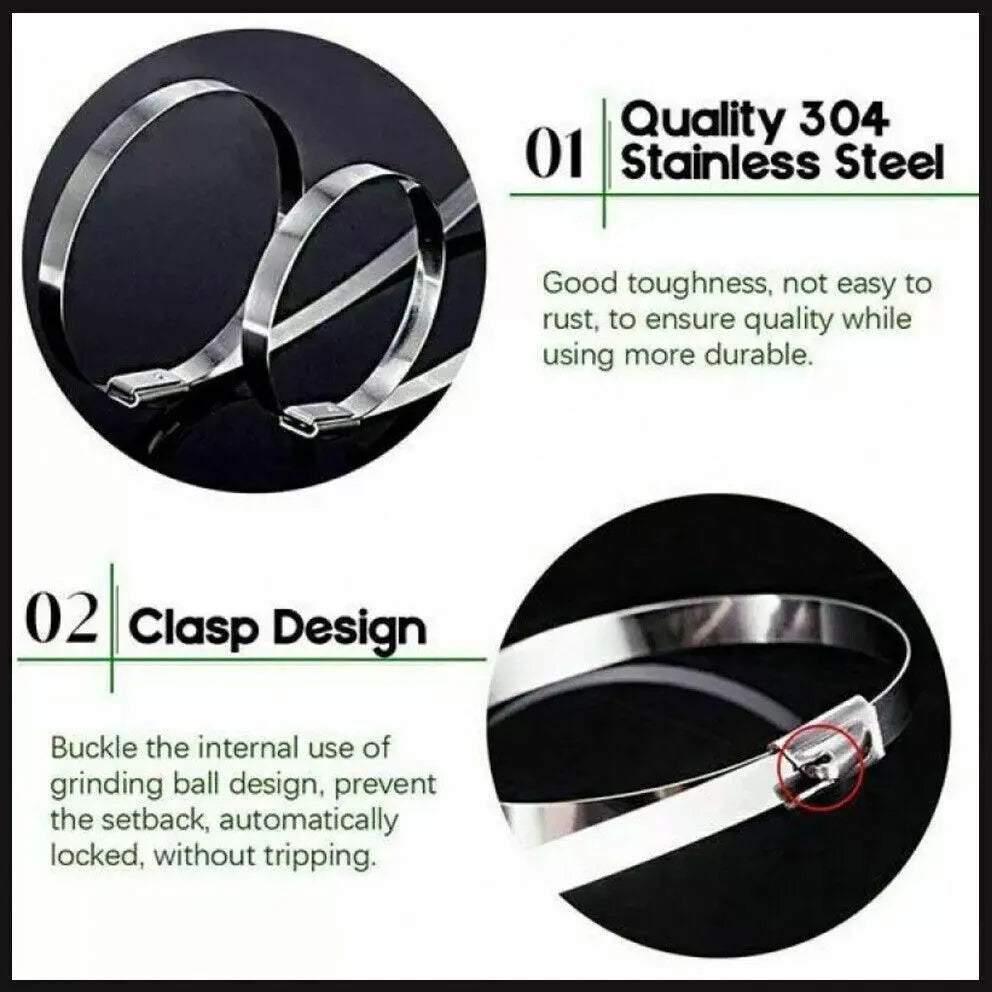 100x Stainless Steel Cable Ties SS304 Marine Grade Zip Strap Locking Wrap 100-800mm - 4.6*500mm