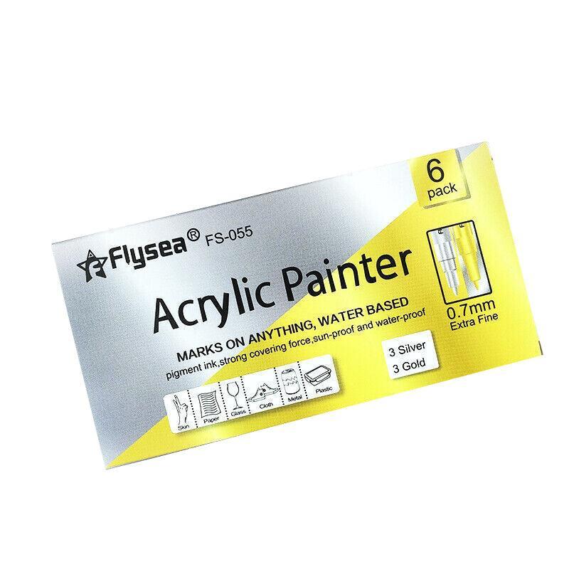 Flysea 12-80 Colours Acrylic Paint Pens Painting Stone Ceramic Glass Markers 0.7 - Black*3+White*3 Set