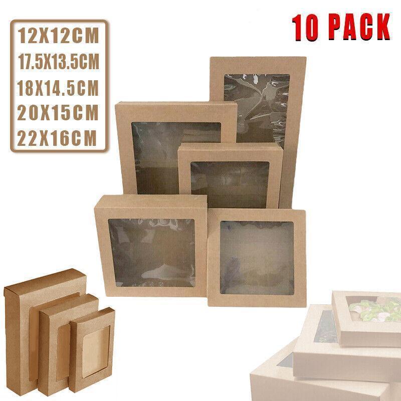 10 Pack Kraft Paper Boxes with Window Disposable Cardboard Gift Catering Trays - 20X15X5CM