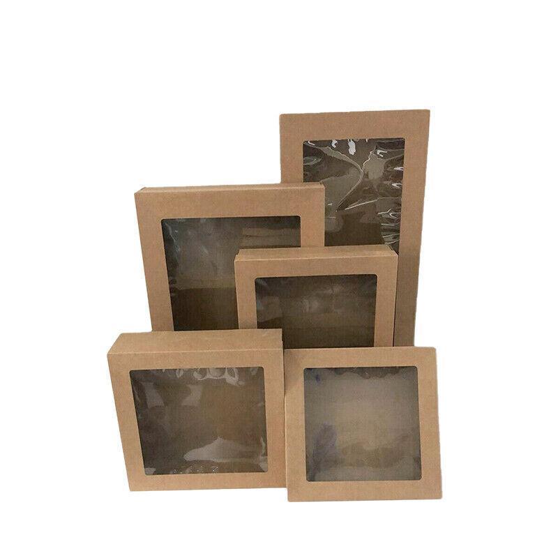 10 Pack Kraft Paper Boxes with Window Disposable Cardboard Gift Catering Trays - 20X15X5CM