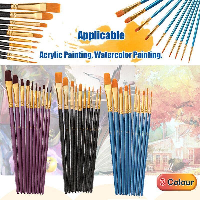 10pcs Artist Paint Brush Set Acrylic Oil Watercolour Gouache Painting Supplies - Black