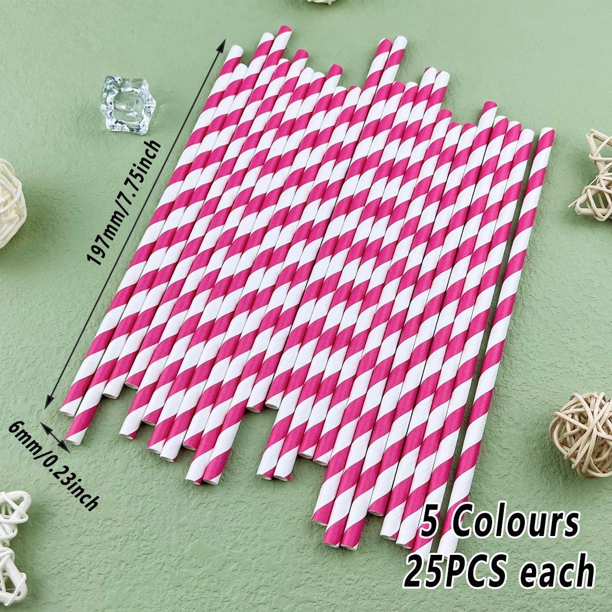125pcs Biodegradable Paper Straws Striped Coloured Paper Drinking Straws Set