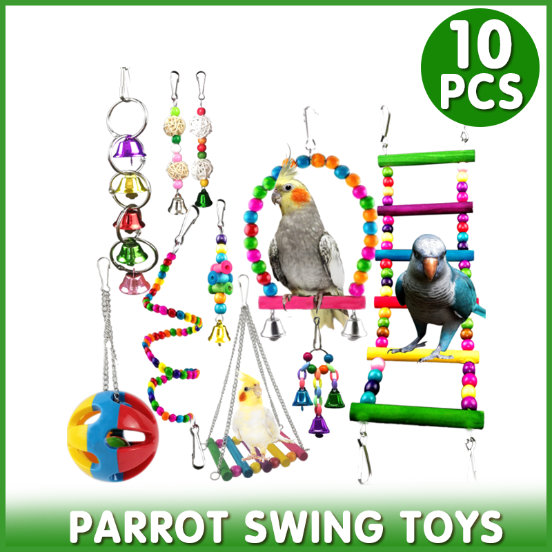 10pcs Parrot Toys Set Swing Ladder Chew Bell Toys for Cockatiels Budgies Cages