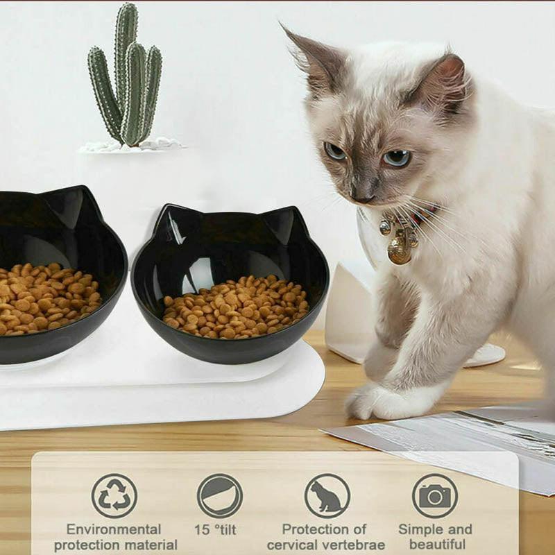 Double Cat Bowl Pet Bowls Stand Dog Elevated Feeder Food Water Raised Lifted Au - Black+Black