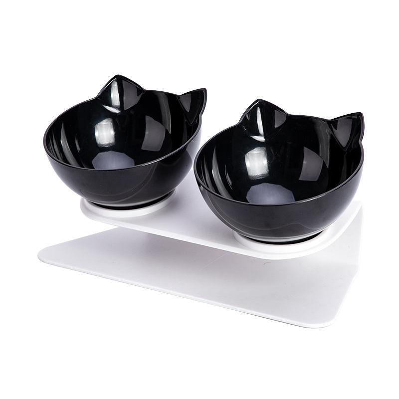 Double Cat Bowl Pet Bowls Stand Dog Elevated Feeder Food Water Raised Lifted Au - Black+Black