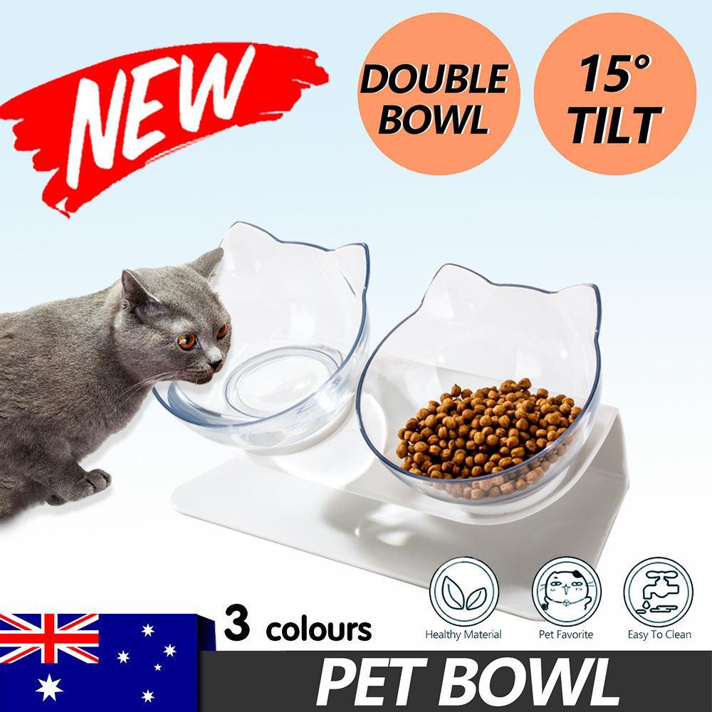 Double Cat Bowl Pet Bowls Stand Dog Elevated Feeder Food Water Raised Lifted Au - Black+Transparency