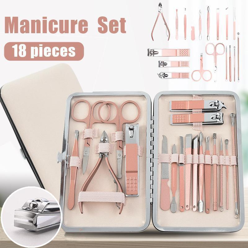 18 Piece Rose Gold Stainless Steel Manicure Pedicure Set With Travel Case
