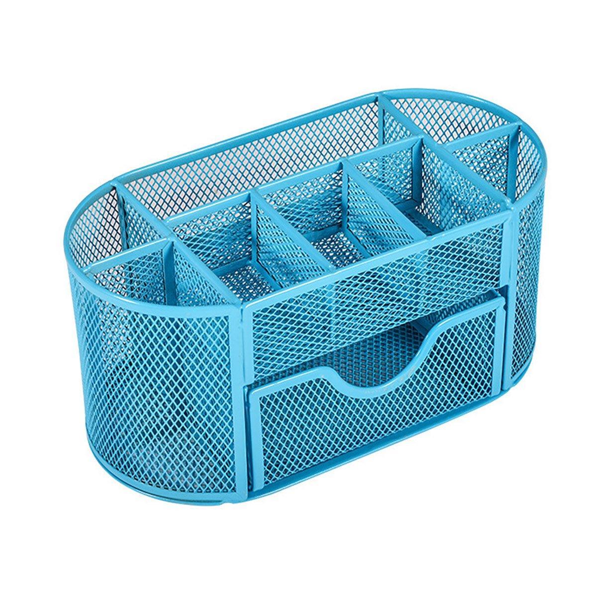 Creative Metal Desktop Pen Holder Multi-function Storage Box Organizer Rack - Blue