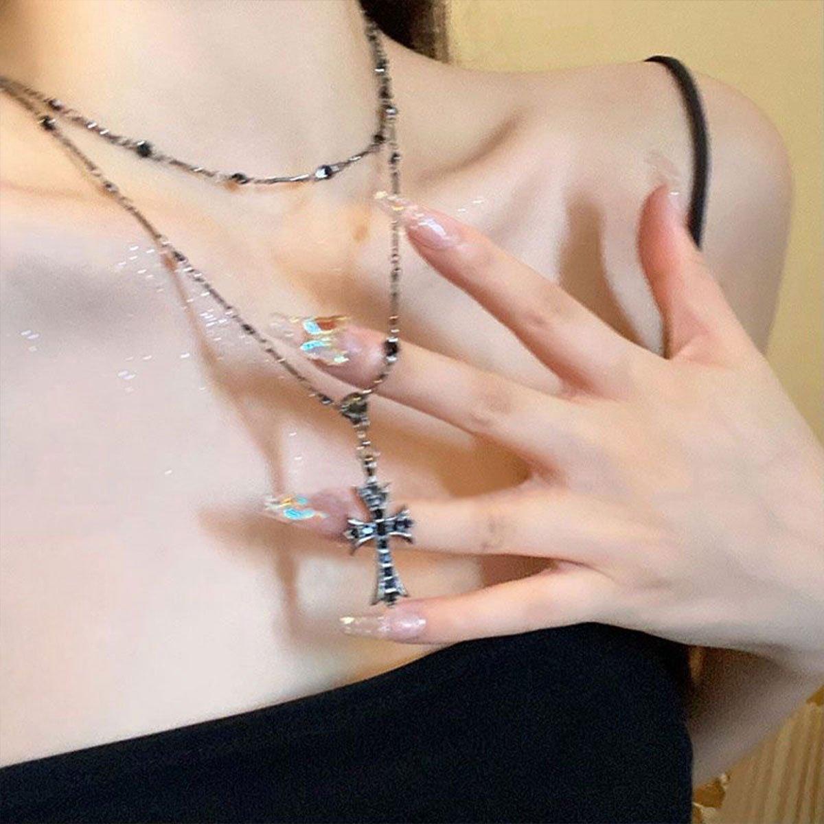 Women Fashion Double Layer Cross Pendant Necklace Retro Casual Sweater Chain