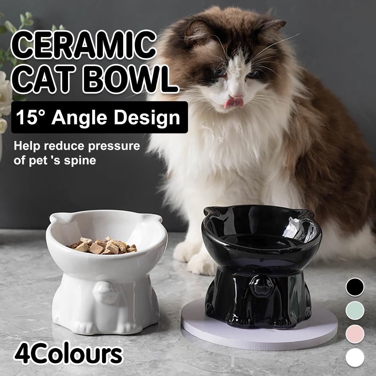 Ceramic Cat Bowl Cute Tall Raised Cat Food Bowl for Pets Eating Comfortably - Black