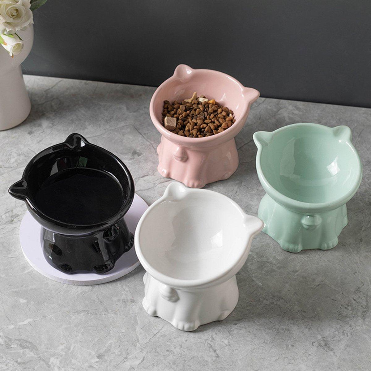 Ceramic Cat Bowl Cute Tall Raised Cat Food Bowl for Pets Eating Comfortably - Black