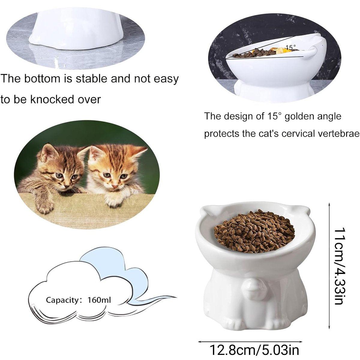 Ceramic Cat Bowl Cute Tall Raised Cat Food Bowl for Pets Eating Comfortably - White