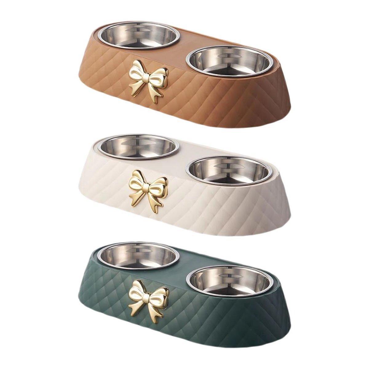 Stainless Steel Double Pet Bowl Non-Slip Anti-Knock Dog Cat Feeder Utensils - White