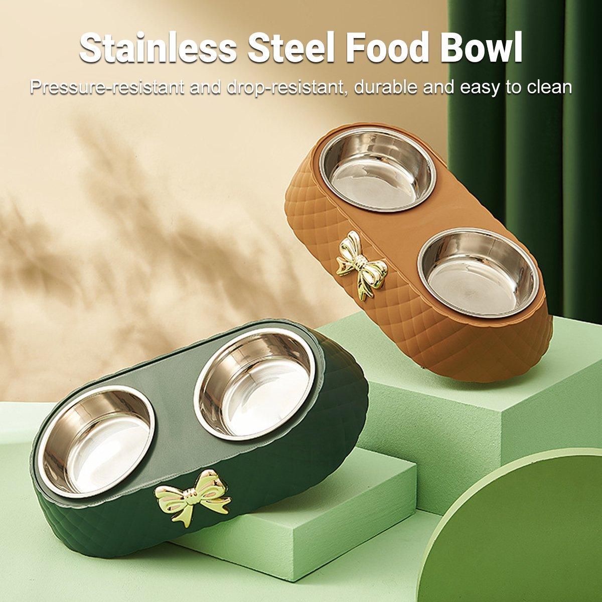 Stainless Steel Double Pet Bowl Non-Slip Anti-Knock Dog Cat Feeder Utensils - White