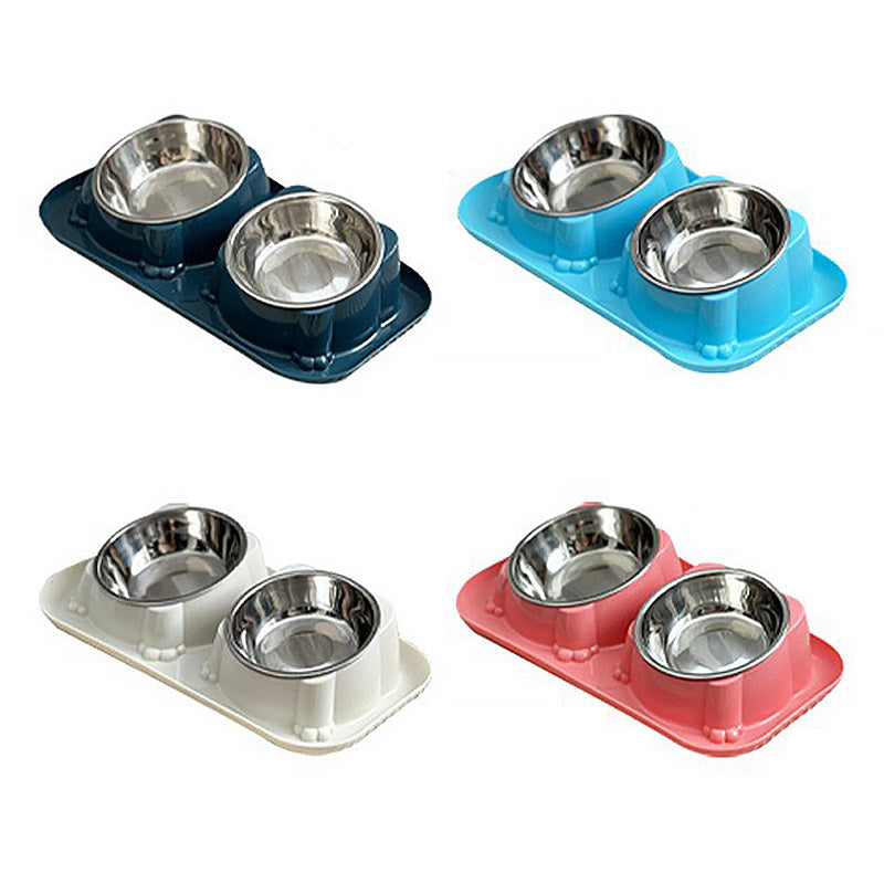 Cat Dog Food Bowl Double Slanted Mouth Feeding Water Dish Raised Pet Bowl Stand - Dark Blue