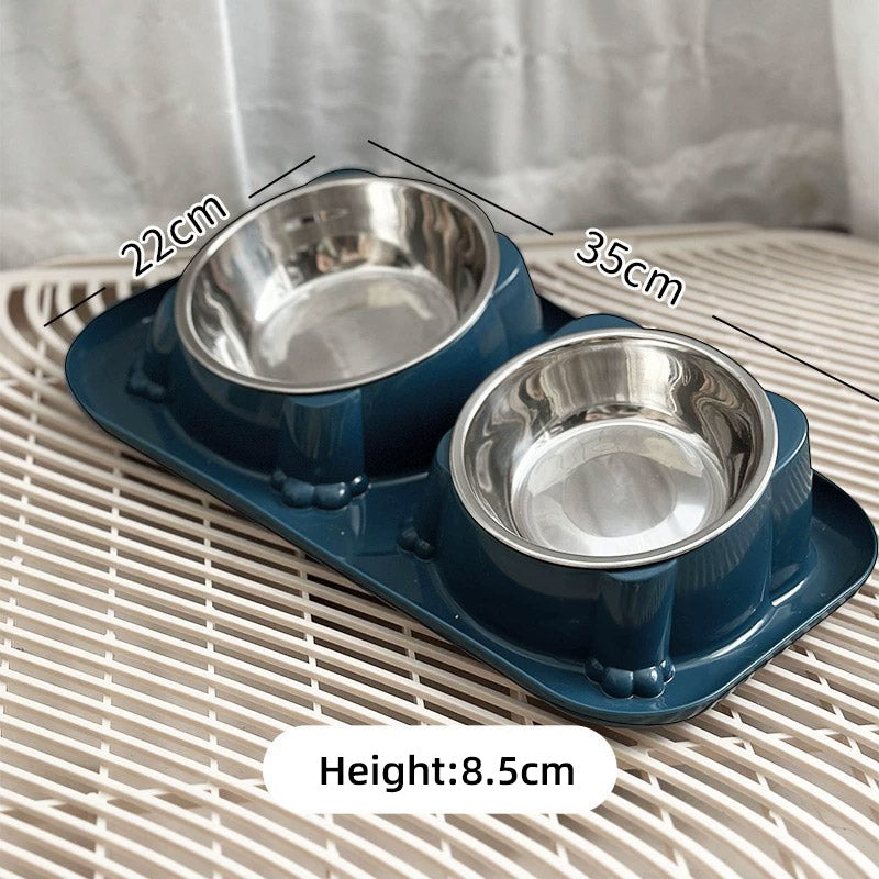 Cat Dog Food Bowl Double Slanted Mouth Feeding Water Dish Raised Pet Bowl Stand - Dark Blue