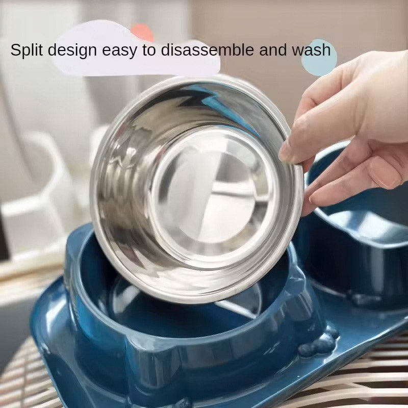 Cat Dog Food Bowl Double Slanted Mouth Feeding Water Dish Raised Pet Bowl Stand - Dark Blue