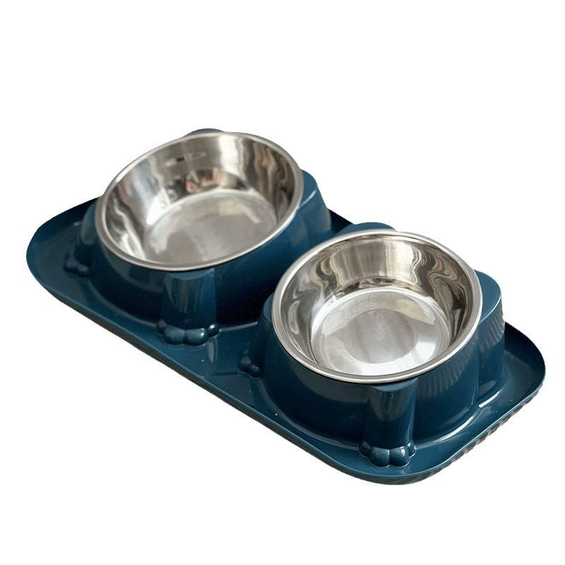Cat Dog Food Bowl Double Slanted Mouth Feeding Water Dish Raised Pet Bowl Stand - Dark Blue