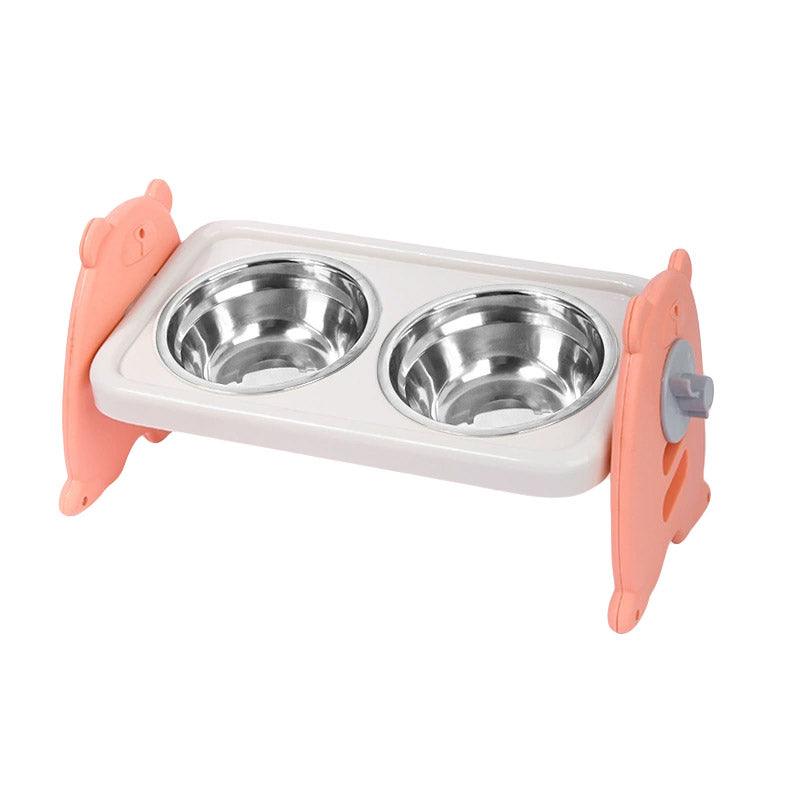 Double Pet Feeding Bowls Stainless Steel Non Slip Cat Dog Water Bowl Food Dish - Pink
