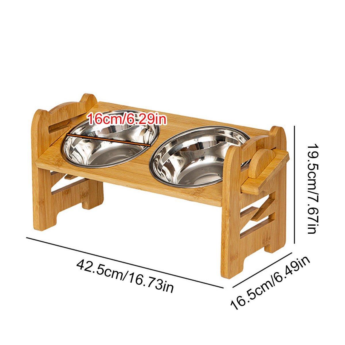 Wood Adjustable Elevated Raised Pet Dog Feeder Stainless Steel Bowl Water Stand