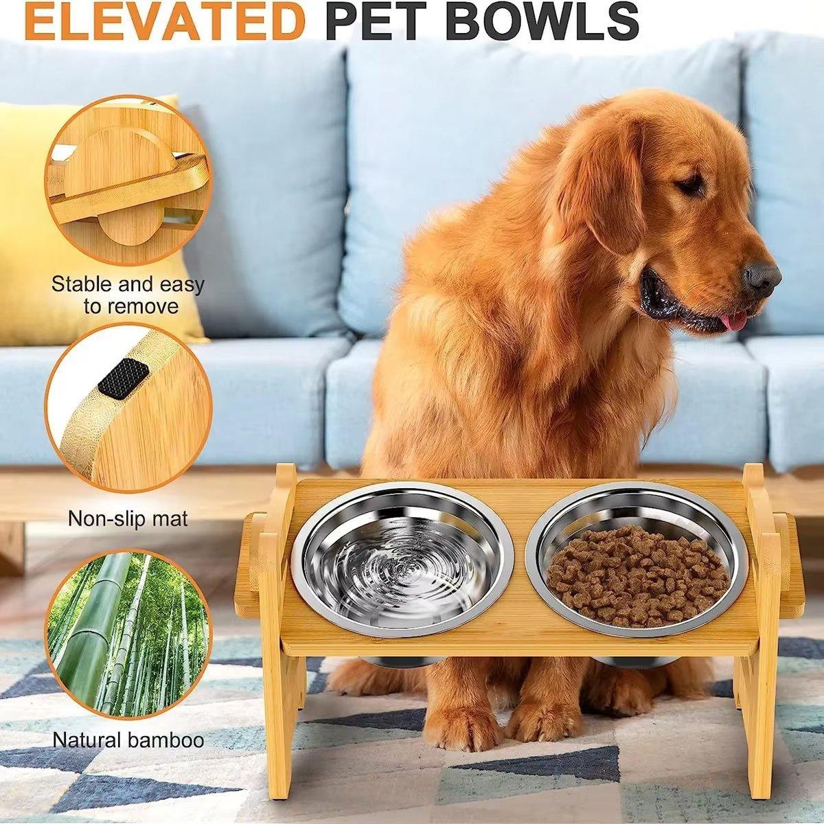 Wood Adjustable Elevated Raised Pet Dog Feeder Stainless Steel Bowl Water Stand
