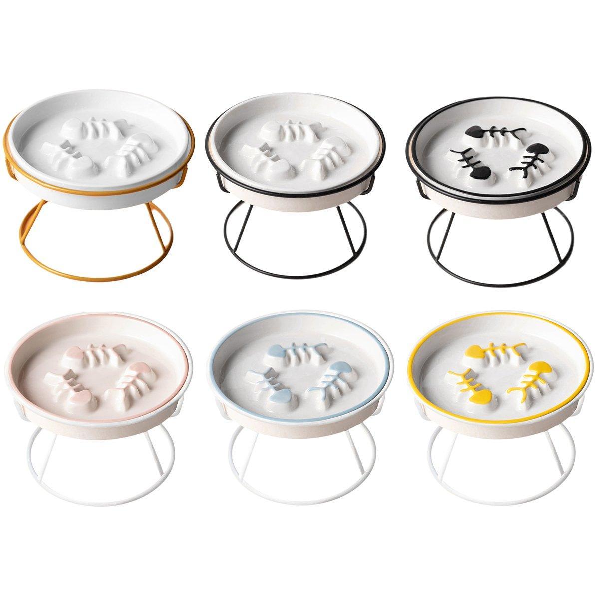 Ceramic Cat Bowl Slow Feeder Pet Food Tray for Cats and Dogs Non Slip Design - Yellow Bowl-White Tray Rack