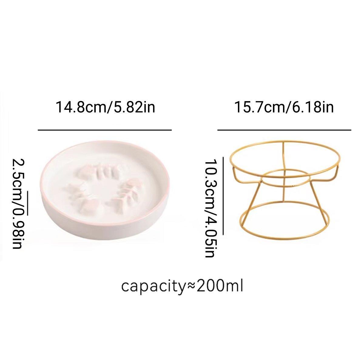 Ceramic Cat Bowl Slow Feeder Pet Food Tray for Cats and Dogs Non Slip Design - Yellow Bowl-White Tray Rack