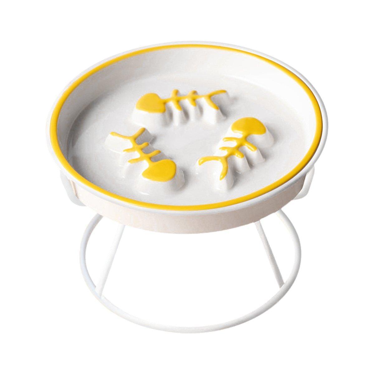 Ceramic Cat Bowl Slow Feeder Pet Food Tray for Cats and Dogs Non Slip Design - Yellow Bowl-White Tray Rack